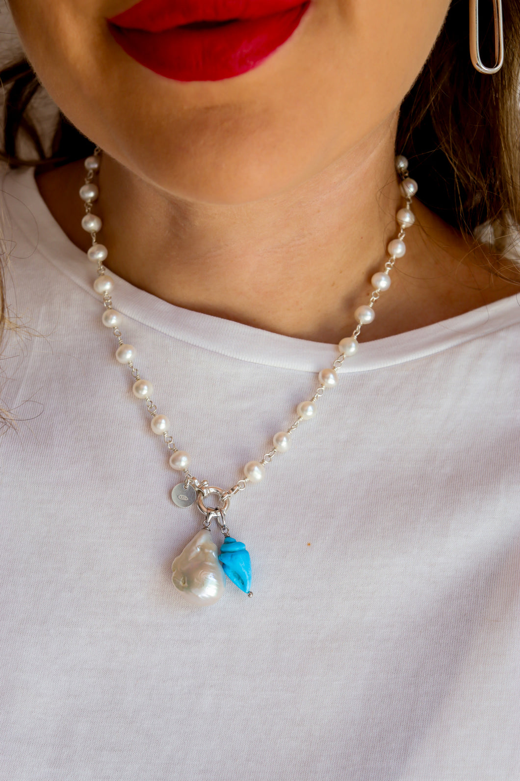 COMBO Collana La Base + Pendente Perla Barocca + Pendente conchiglia turchese naturale